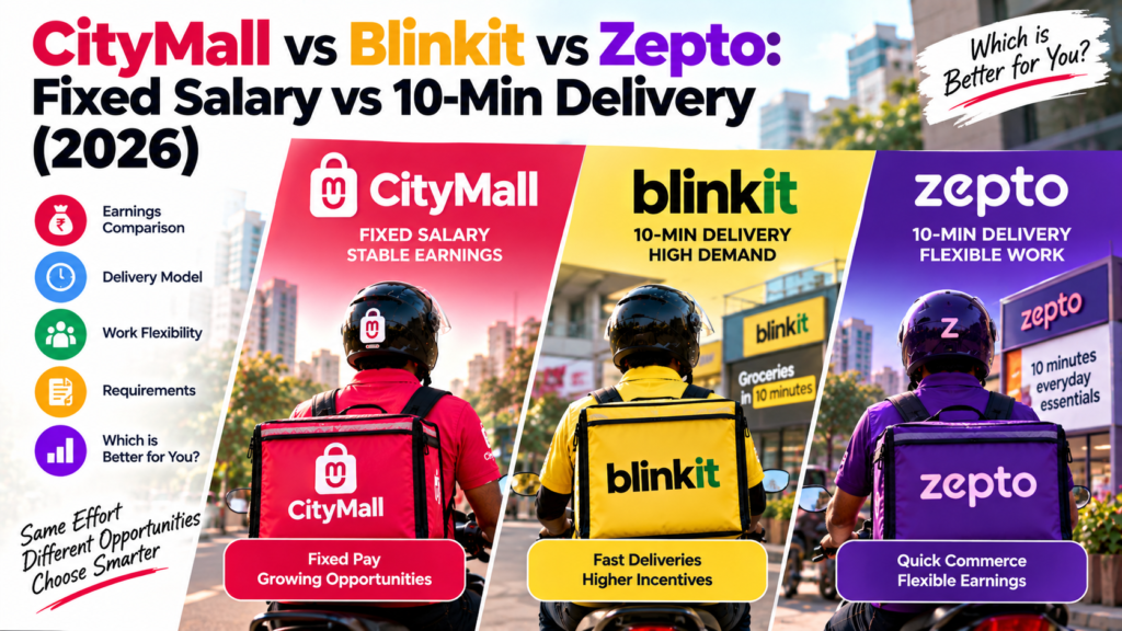 citymall vs blinkit zepto delivery job, citymall vs blinkit, citymall vs zepto, fixed salary vs 10 min delivery, best grocery delivery job india 2026