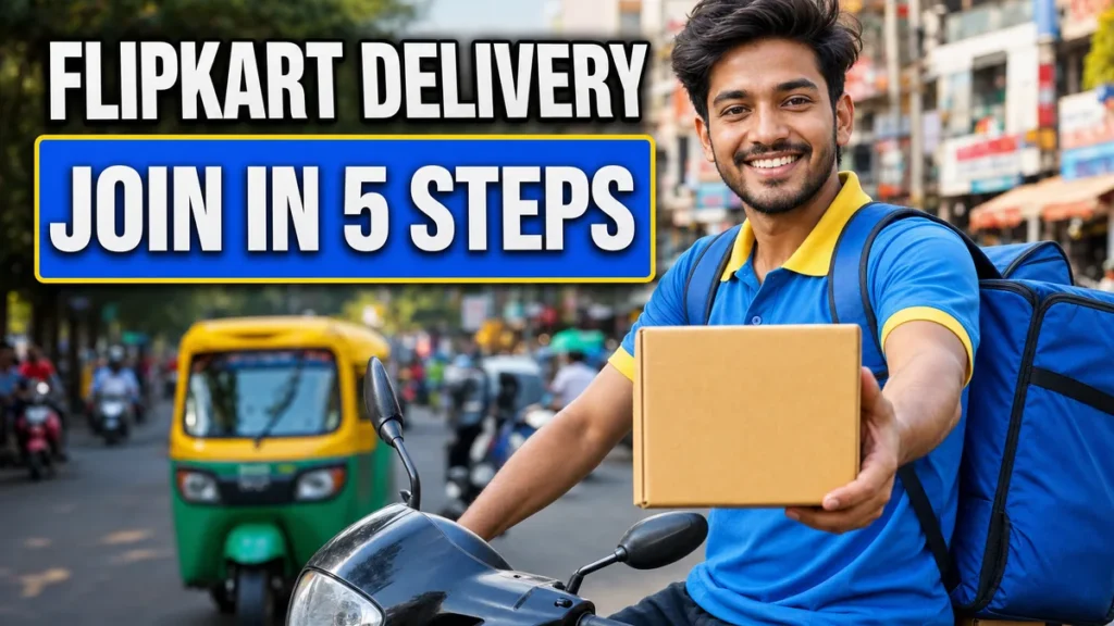 Smiling Flipkart delivery partner in a blue and yellow uniform on his scooter, holding out a parcel on a busy Indian street