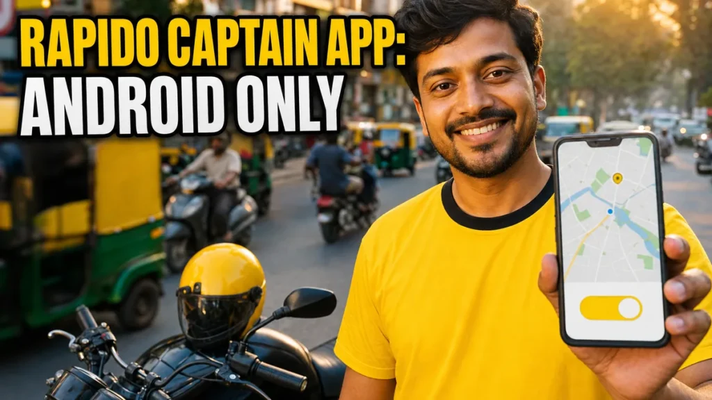 Smiling Rapido captain in a yellow T-shirt holding up a phone with the Rapido Captain app map and on-duty switch, his yellow helmet on the motorbike behind him