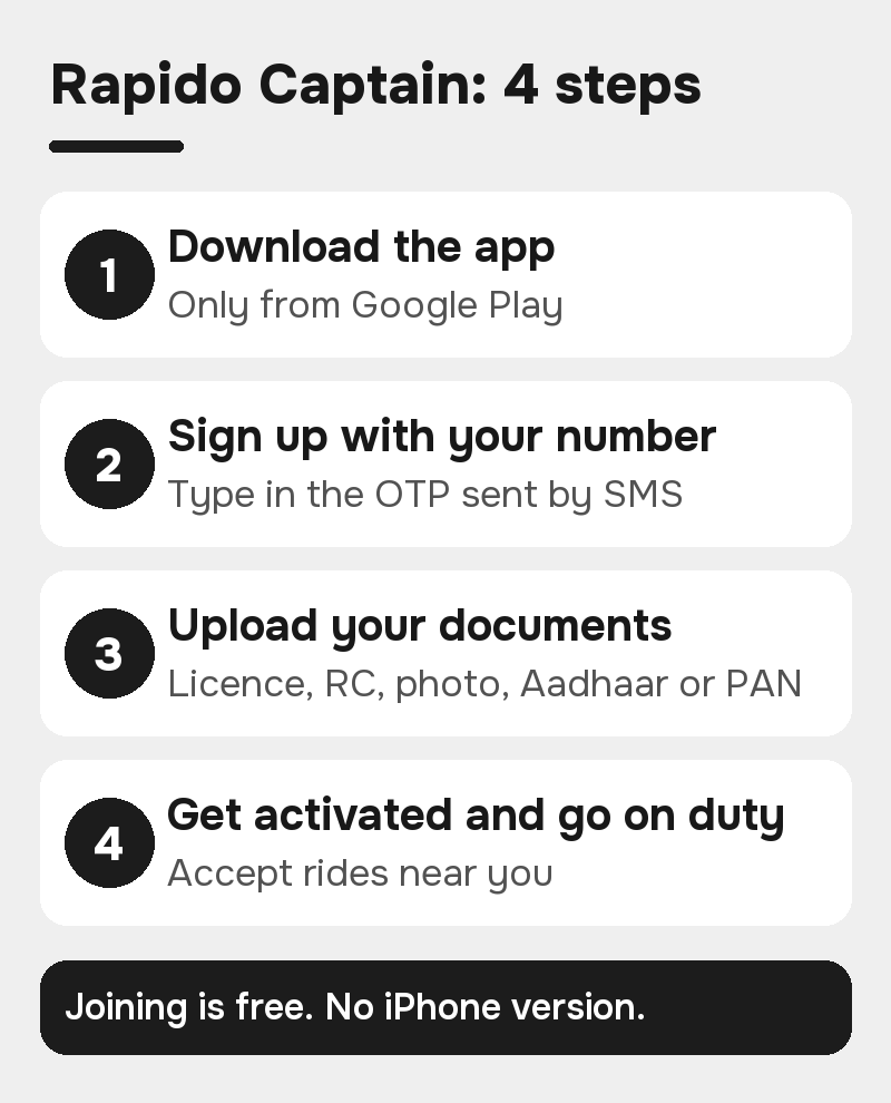 Rapido Captain app in 4 steps: download it only from Google Play, sign up with your number and OTP, upload your licence, RC, photo and Aadhaar or PAN, then get activated and go on duty