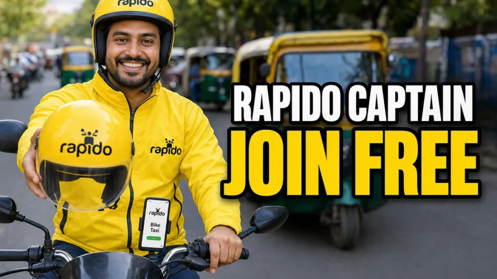 Smiling Rapido captain in a yellow jacket and helmet holds out a spare helmet from his motorbike on a city street: Rapido captain registration is free