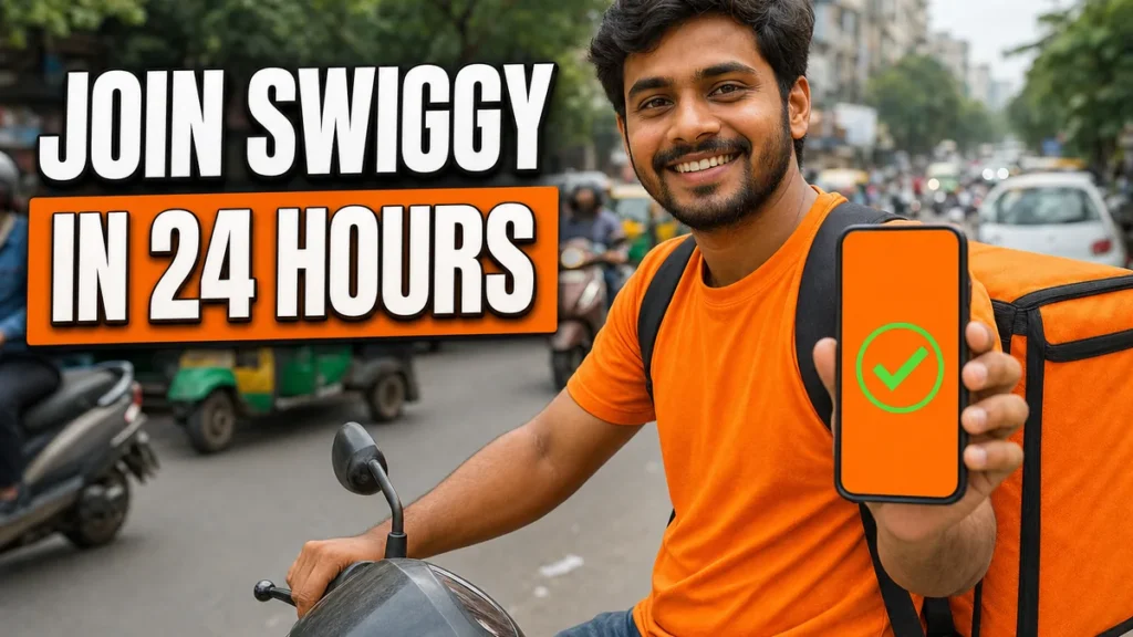 Smiling rider in an orange T-shirt and orange delivery bag on his scooter, showing a green tick on the Swiggy delivery partner app