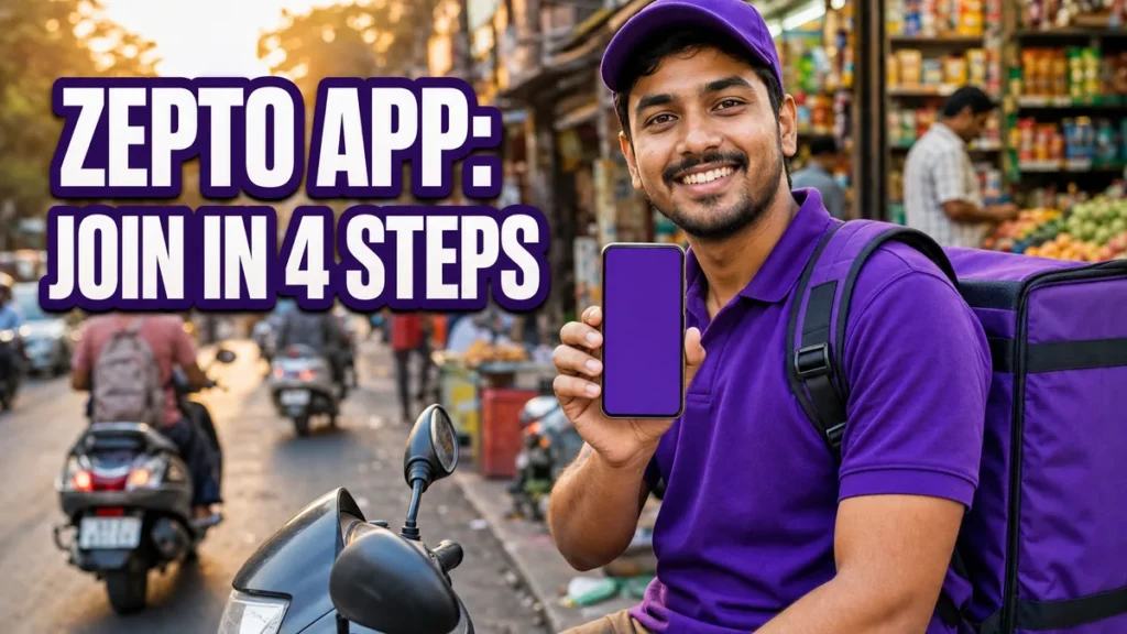 Smiling Zepto delivery partner in a purple shirt, cap and delivery bag holding up his phone with the Zepto delivery partner app, next to the headline Zepto app: join in 4 steps