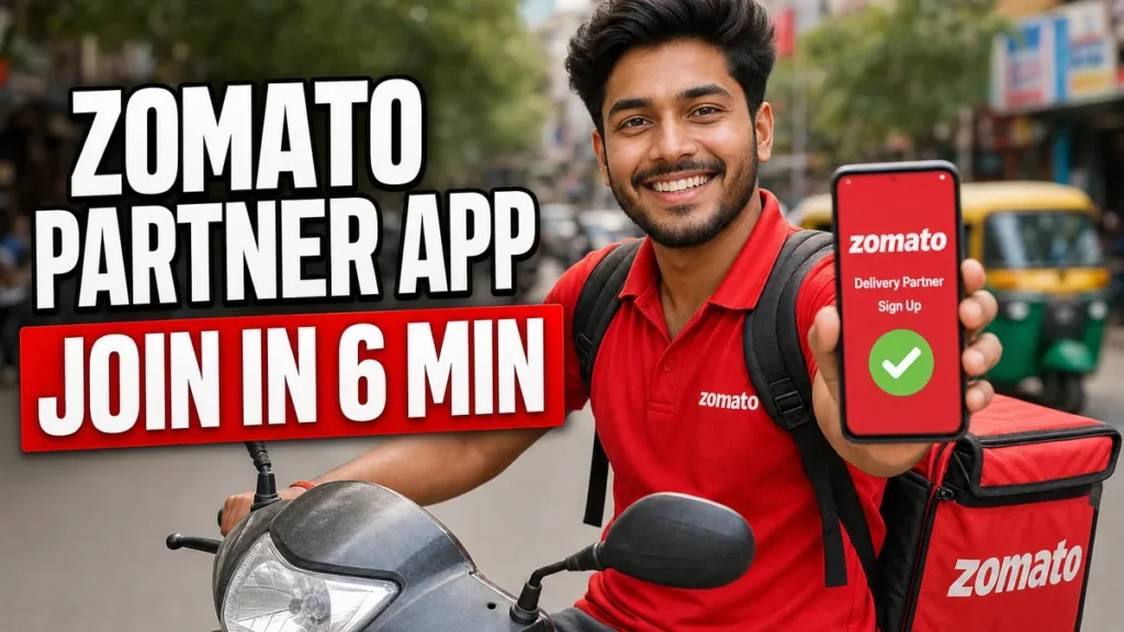 Smiling Zomato delivery partner on his scooter showing the Zomato delivery partner app sign-up screen on his phone